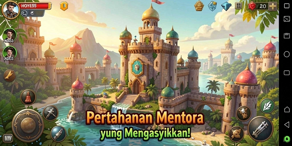 Screenshot utama HOYE55 menampilkan aksi gameplay Tower Defense yang seru.