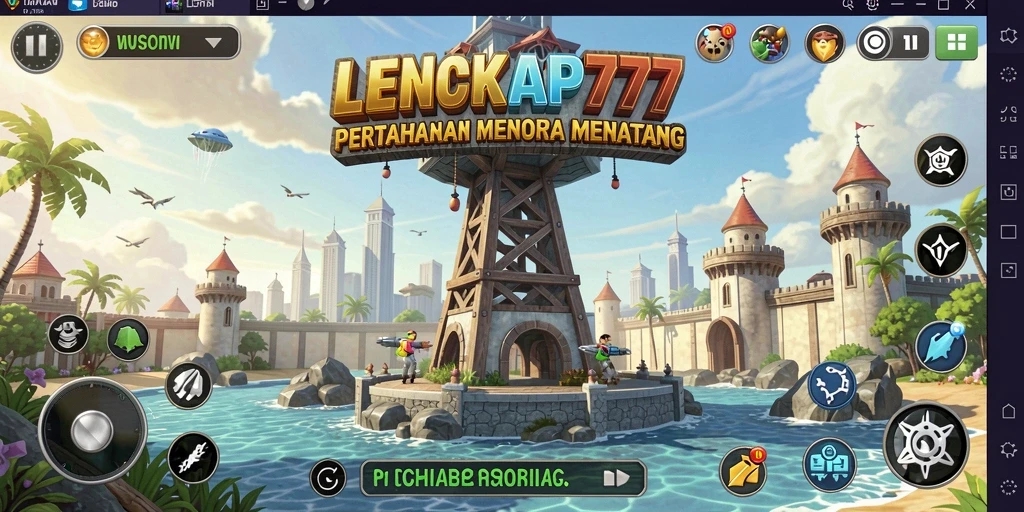 Screenshot gameplay menampilkan pertahanan menara yang dinamis di LENGKAP777.
