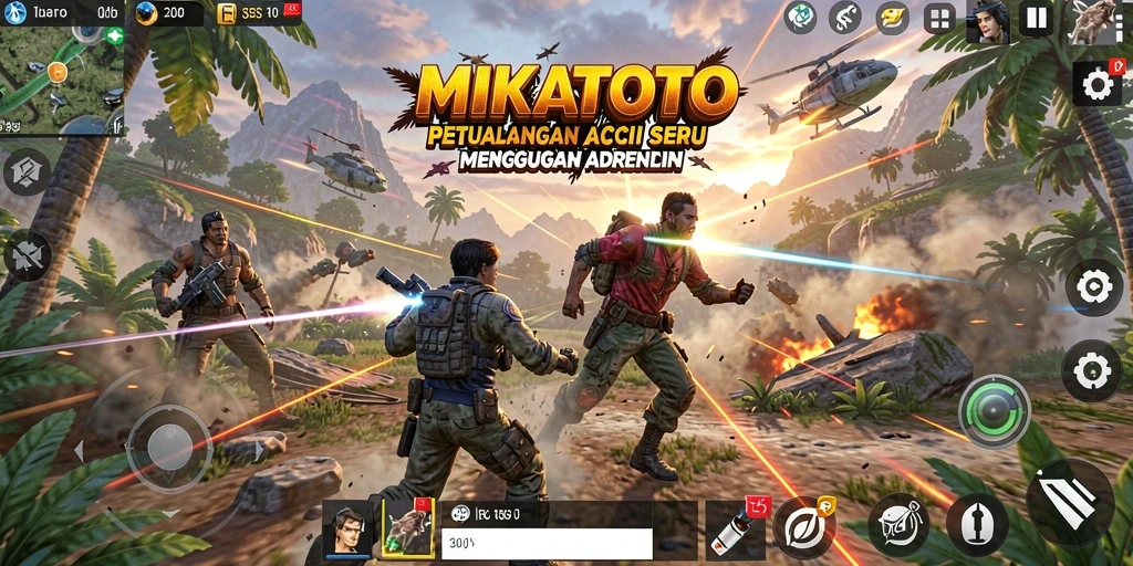 Screenshot utama MIKATOTO menampilkan aksi seru dengan karakter bertarung melawan musuh.