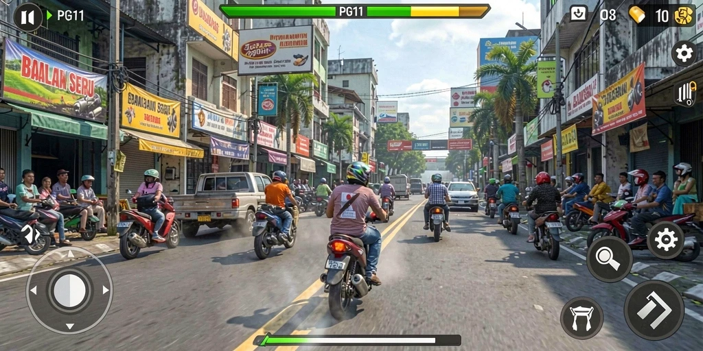 Screenshot menunjukkan aksi balapan mendebarkan dengan grafis luar biasa.